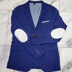 ZARA Man Navy Blue Slim Fit Blazer Jacket White Elbow Patch US Size 54